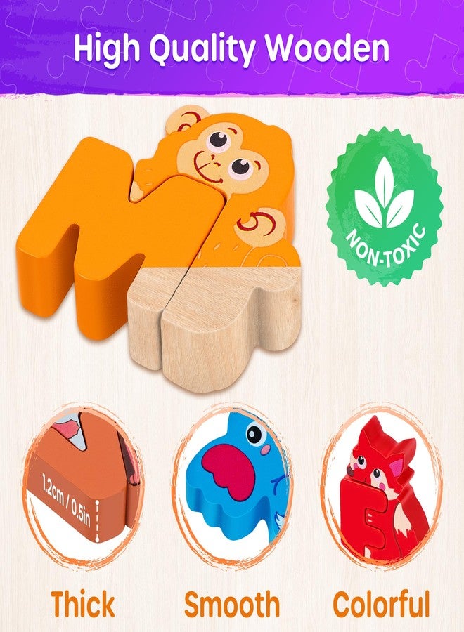 SYNARRY Wooden Alphabet Puzzle, 52 Pieces ABC Puzzles for Kids Ages 3-5, Alphabet ABC Letter Blocks Puzzles for Toddlers 2-4, Wooden Animals Letter Matching Game, ABC Alphabet Preschool Learning Toys - Image 4